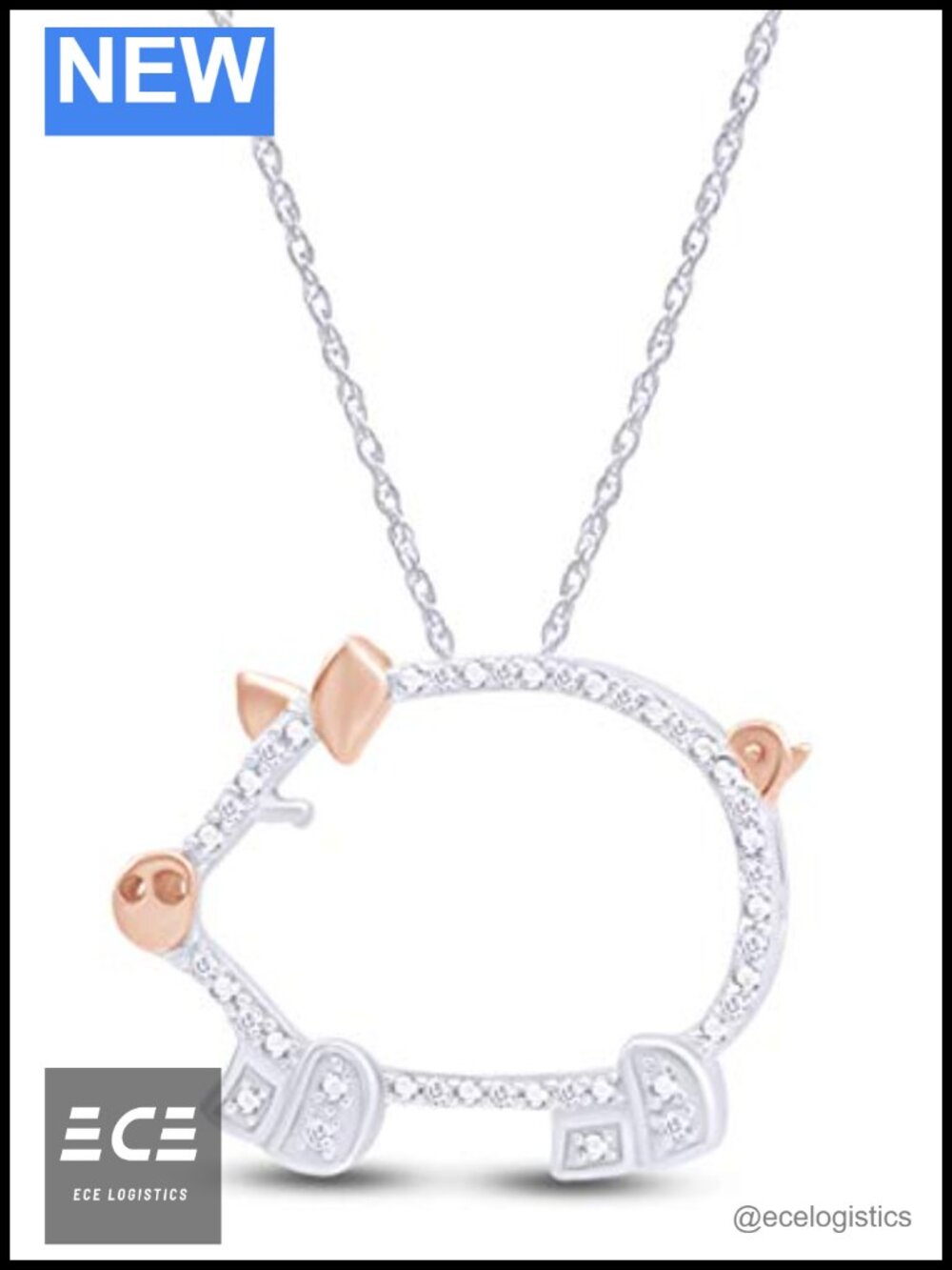 Two Tone Pig Pendant Necklace 14K White Gold Over Sterling Silver Natural